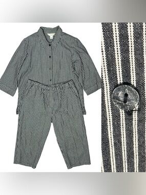 Allison Daley Gray White Striped Button Up Top & Capri Set 100% Cotton Denim 16